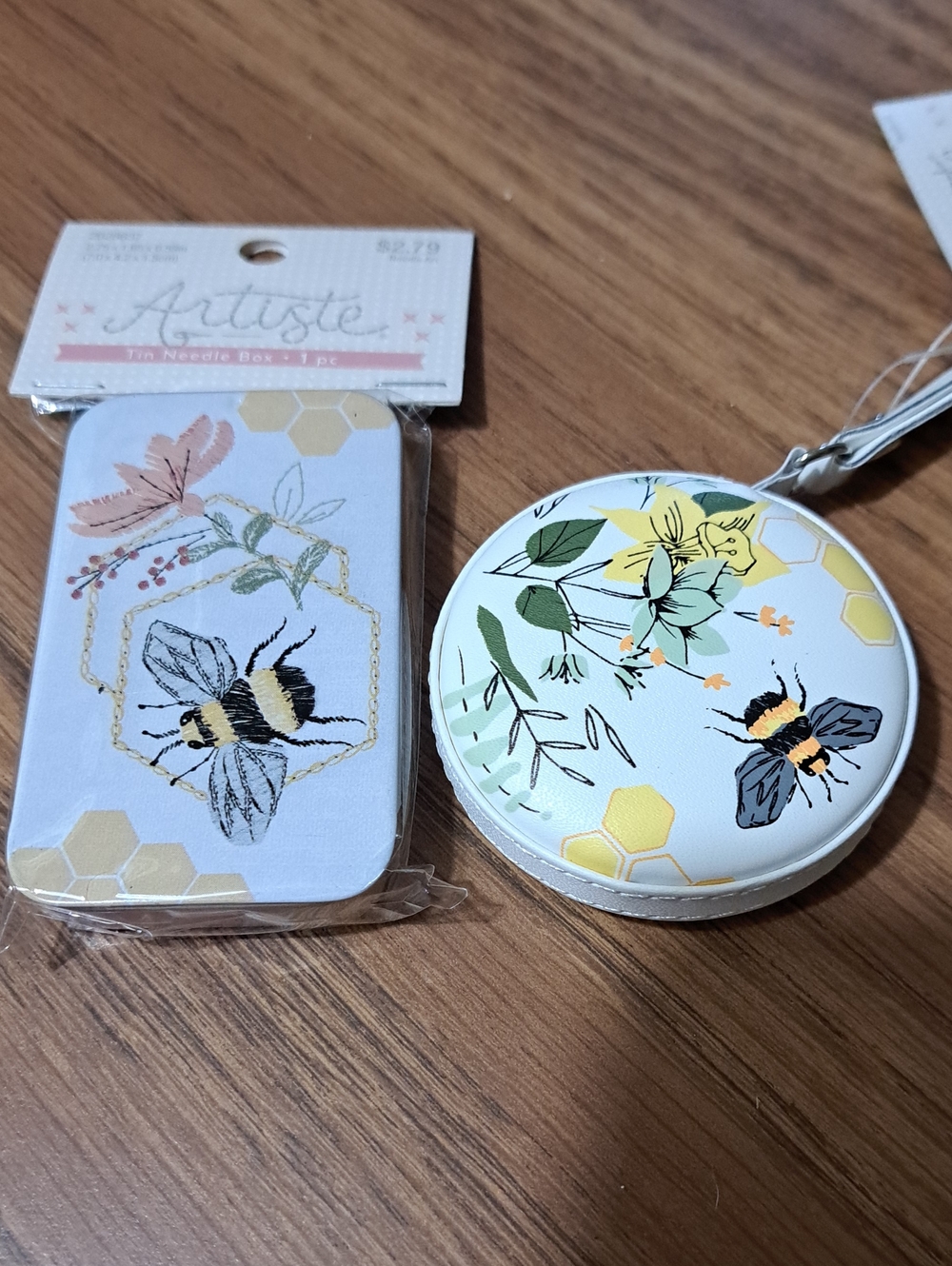 artiste Floral Bee Round Tape Measure & Needle Box